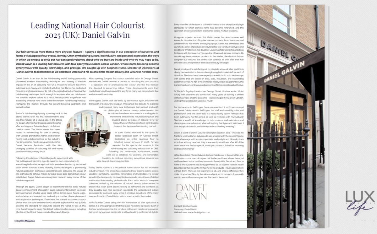 daniel galvin colourist lux life award magazine spread